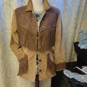 Sculy Studded Leather Jacket with Fringe in Brown and Tan